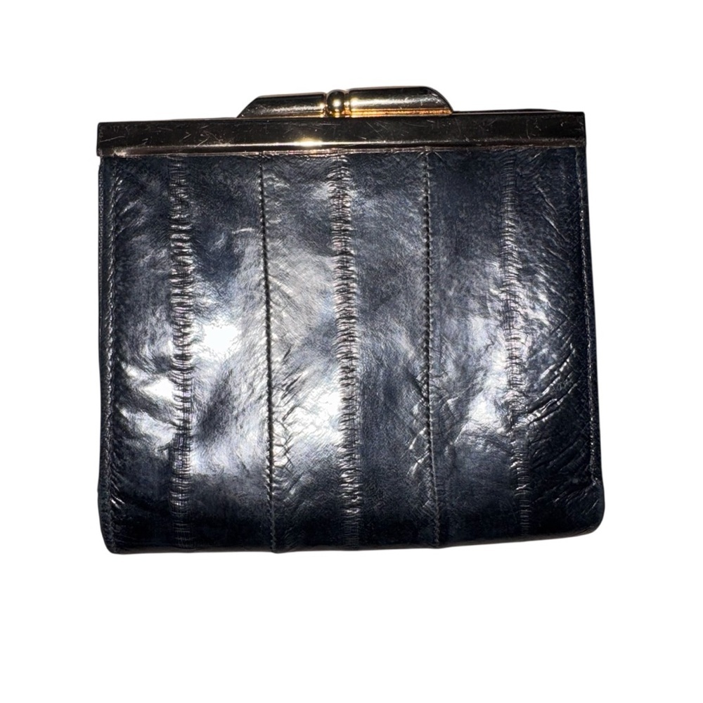 Vintage‎ Genuine Eel Skin Wallet Black Accordion Style with Coin Purse​